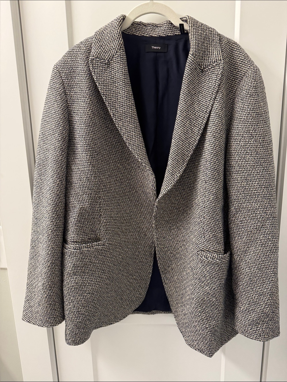 Theory Dark Navy, Cream, and Tan Textured Tweed Blazer